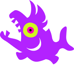 the symbol for big run. A purple salmonoid with one eye: yellow sclera and pink eye.