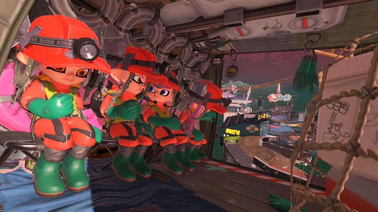 an image of two Octolings and two inklings in a helicopter, preparing to work on Wahoo World, a stage that fell victim to the Big Run